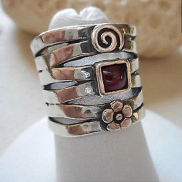 Vintage Silpada Sterling Silver Garnet Flower Swirl Ring R1048 Size 7 1/2 - Picture 4 of 16